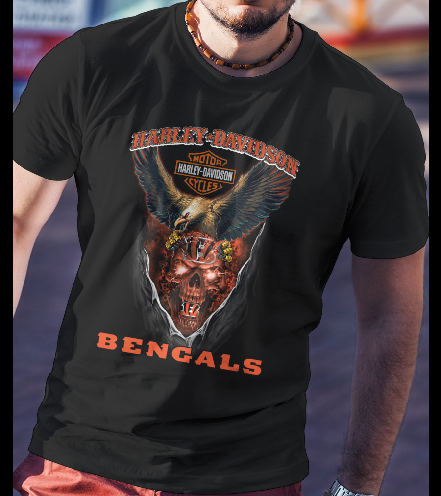 Harley Davidson Motor Cycles Bengals Eagle Skull Cincinnati T-Shirt