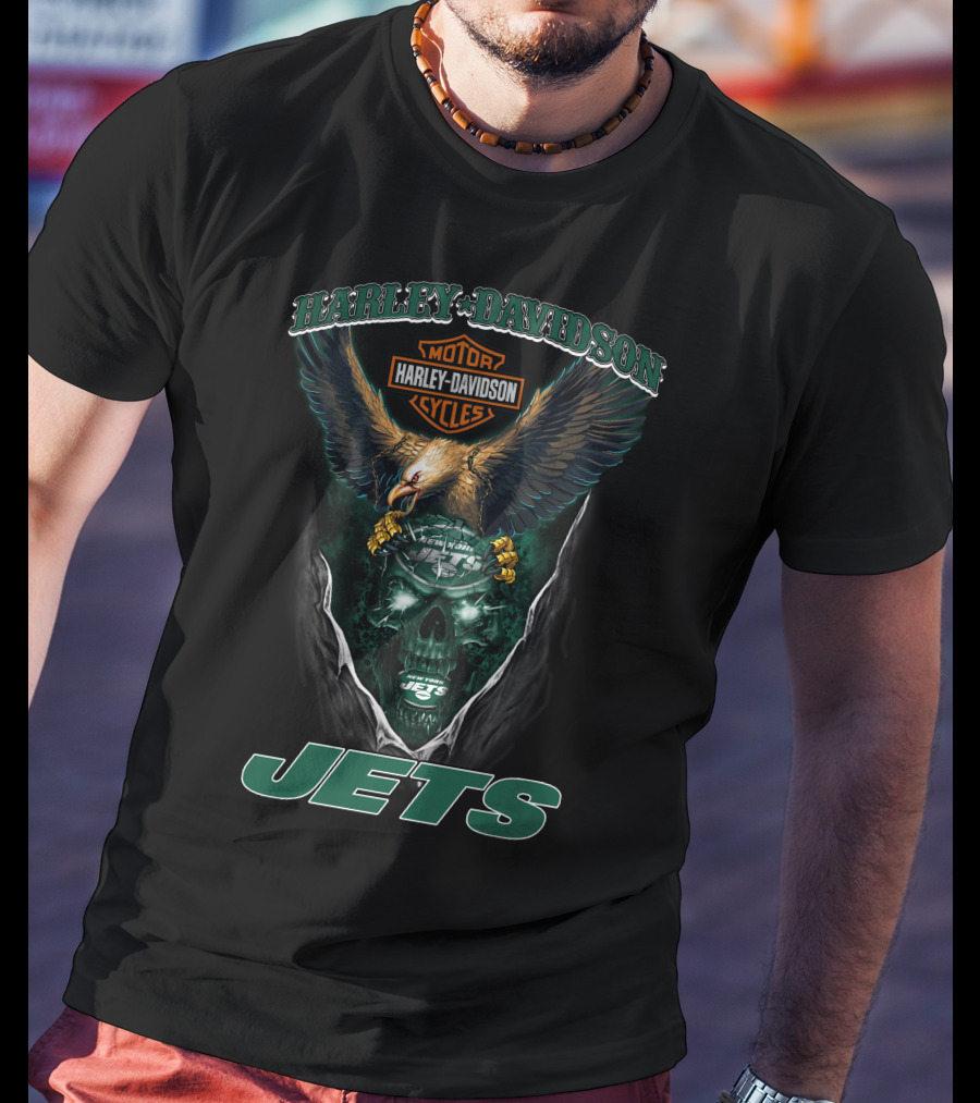 Harley Davidson Motor Cycles Eagle Skull New York Jets T-Shirt