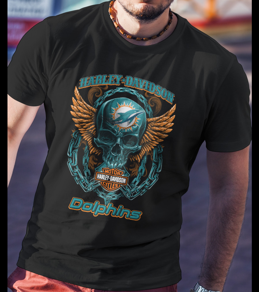 Harley Davidson Miami Dolphins Motorcycles Skull T-Shirt