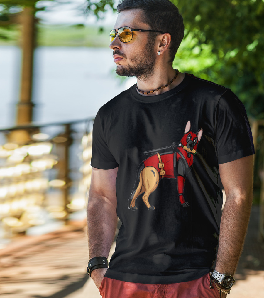 German Shepherd In Deadpool Costume With Sword And Bone T-Shirt