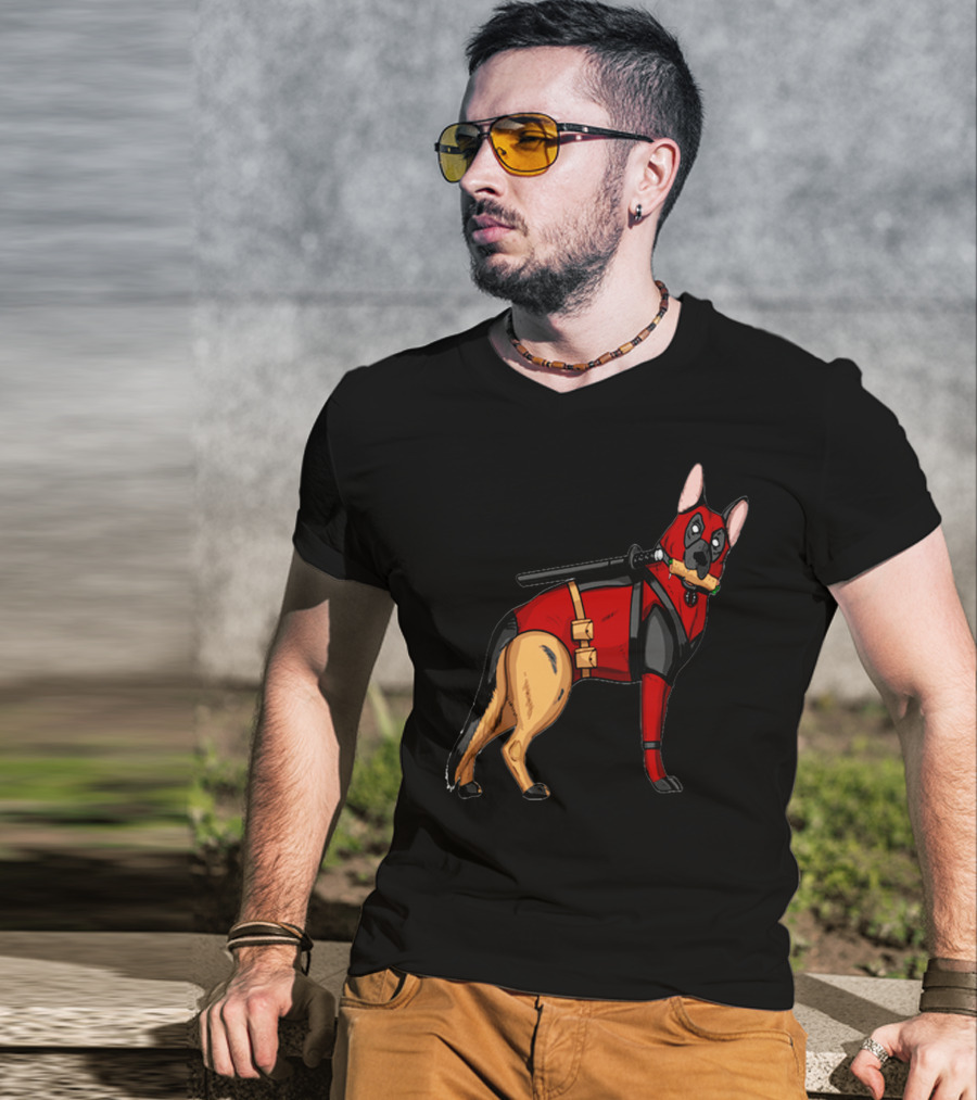 German Shepherd In Deadpool Costume With Sword And Bone T-Shirt
