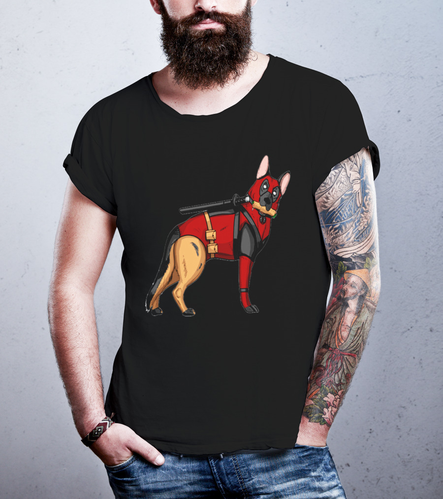 German Shepherd In Deadpool Costume With Sword And Bone T-Shirt