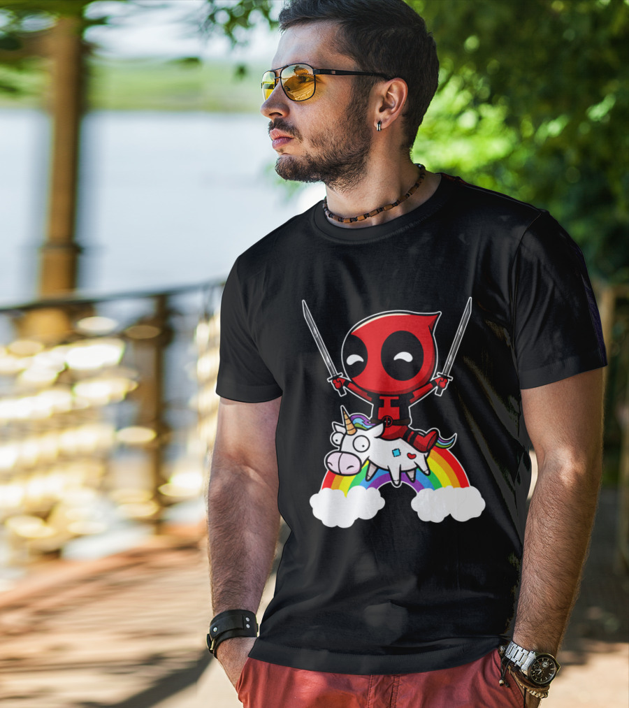 Deadpool Riding Unicorn Over Rainbow With Dual Swords T-Shirt