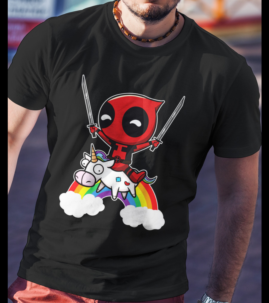 Deadpool Riding Unicorn Over Rainbow With Dual Swords T-Shirt