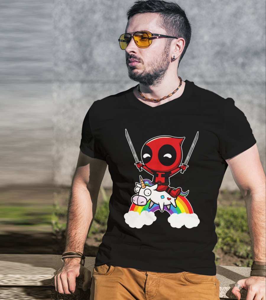 Deadpool Riding Unicorn Over Rainbow With Dual Swords T-Shirt