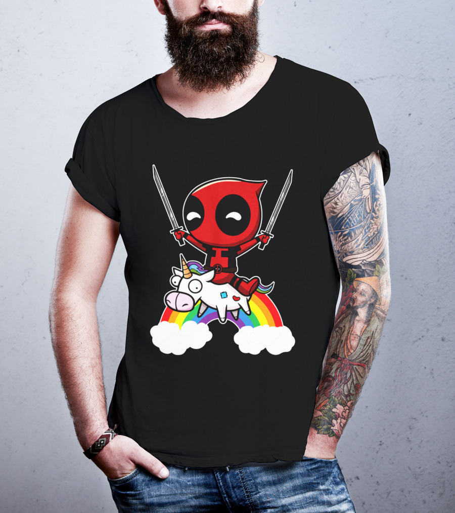 Deadpool Riding Unicorn Over Rainbow With Dual Swords T-Shirt