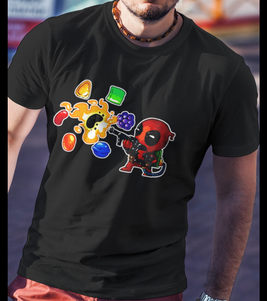 Deadpool Candy Explosion With Shooting Gun And Colorful Sweets T-Shirt