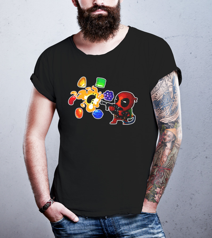 Deadpool Candy Explosion With Shooting Gun And Colorful Sweets T-Shirt