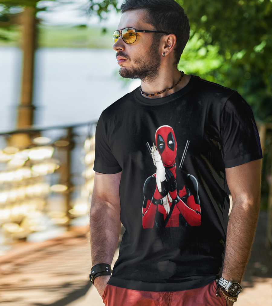 Deadpool Hugging Unicorn Toy With Iconic Red And Black Suit T-Shirt