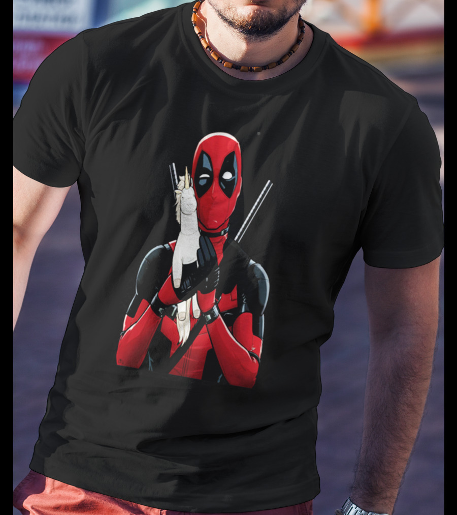 Deadpool Hugging Unicorn Toy With Iconic Red And Black Suit T-Shirt