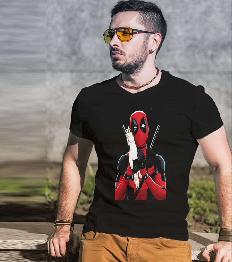 Deadpool Hugging Unicorn Toy With Iconic Red And Black Suit T-Shirt