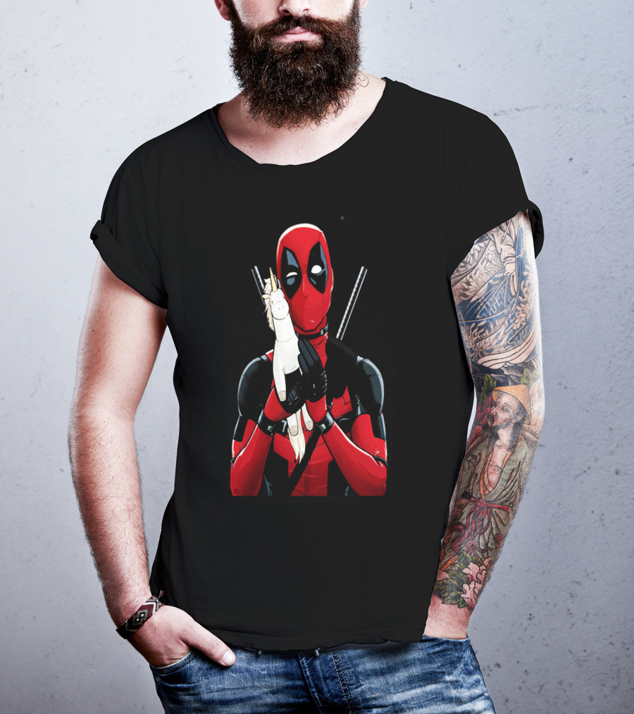 Deadpool Hugging Unicorn Toy With Iconic Red And Black Suit T-Shirt