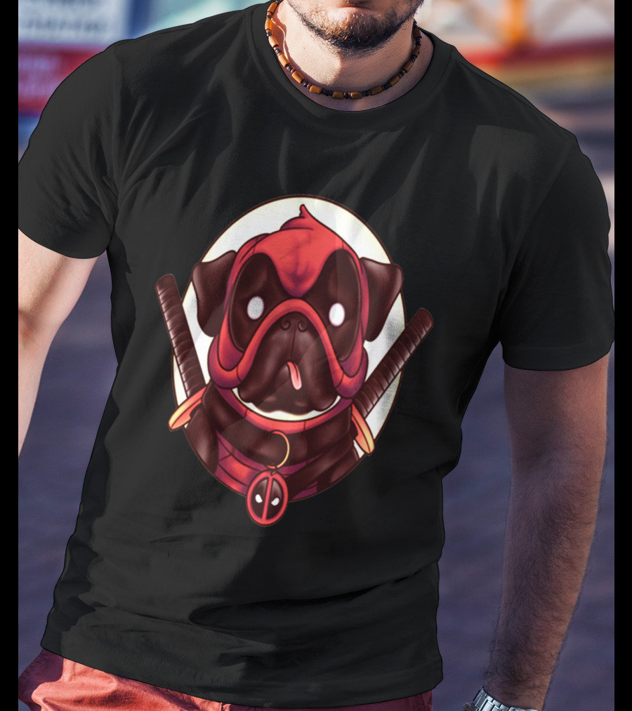 Deadpug Pug Wearing Deadpool Mask With Swords T-Shirt