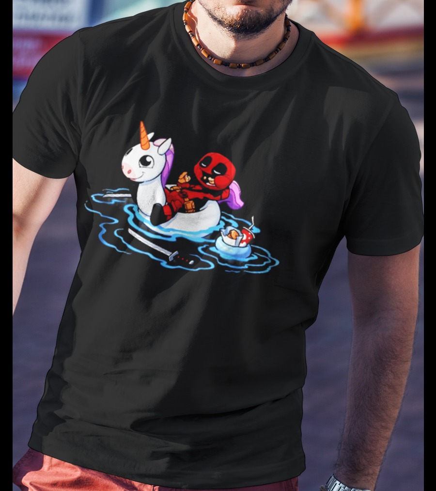 Deadpool Relaxing On Inflatable Unicorn With Rubber Duck And Swords T-Shirt