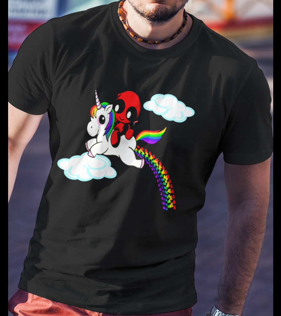 Deadpool Riding Rainbow Unicorn In Clouds T-Shirt