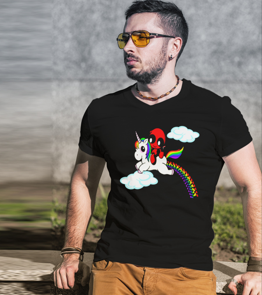 Deadpool Riding Rainbow Unicorn In Clouds T-Shirt