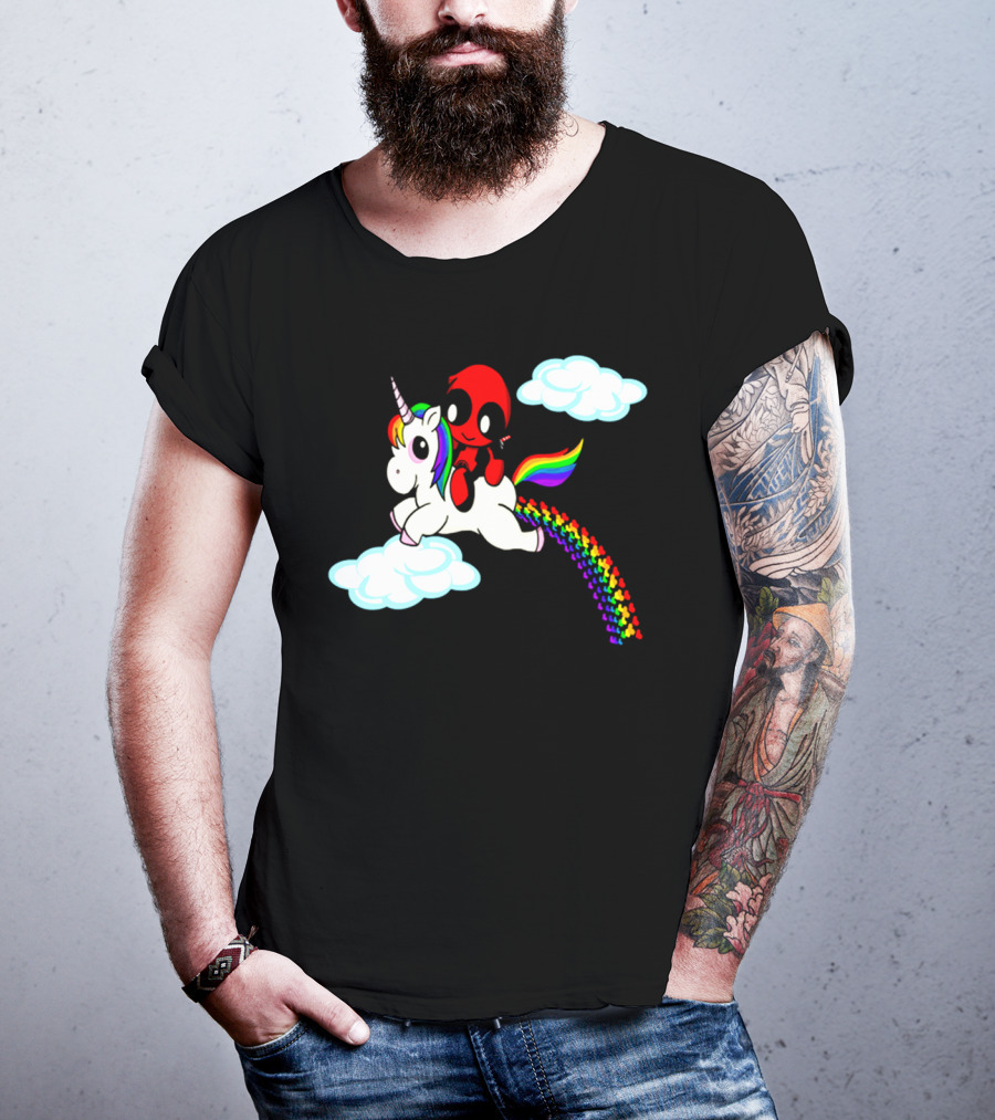 Deadpool Riding Rainbow Unicorn In Clouds T-Shirt