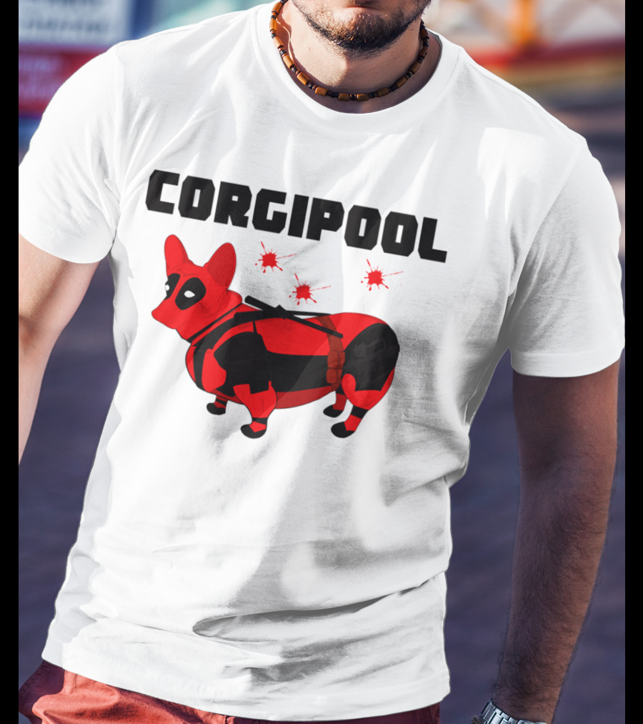 Corgipool Corgi Deadpool Parody With Red And Black Costume And Comic-Style Font T-Shirt