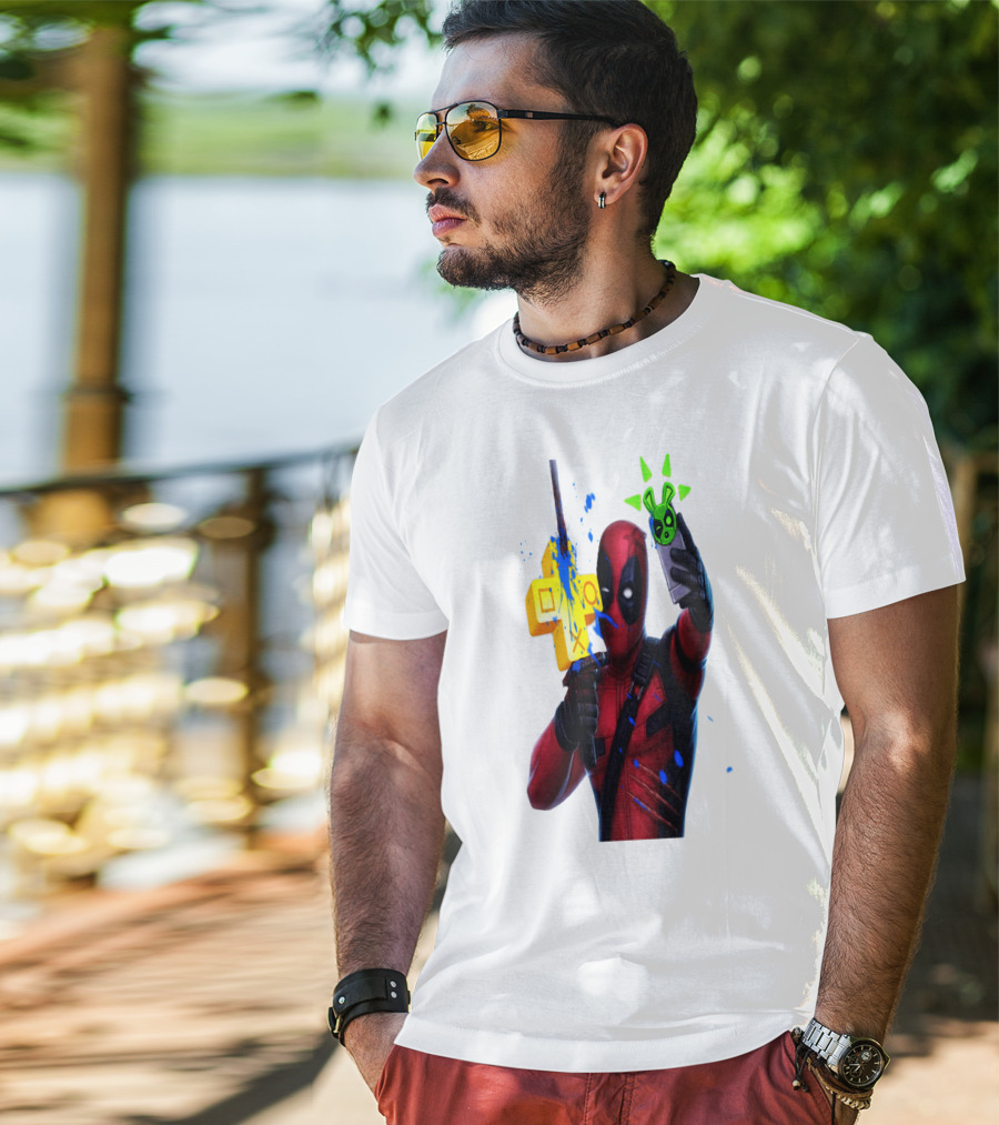 Deadpool Videogame Gamer Selfie With Iconic Controller And Green Bomb Symbols T-Shirt