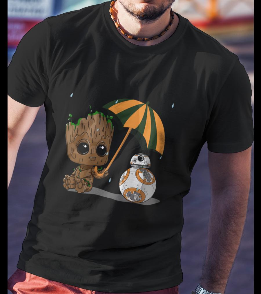 Groot And BB-8 Under Orange Green Umbrella With Raindrops T-Shirt