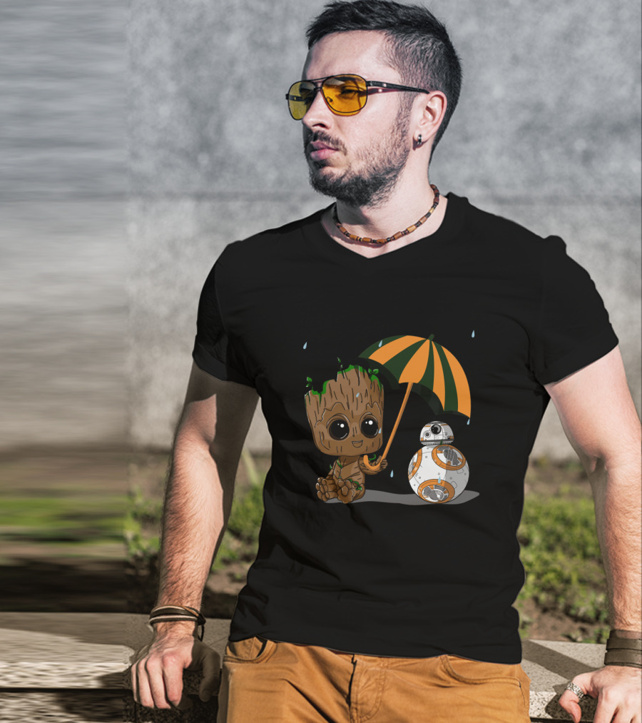 Groot And BB-8 Under Orange Green Umbrella With Raindrops T-Shirt