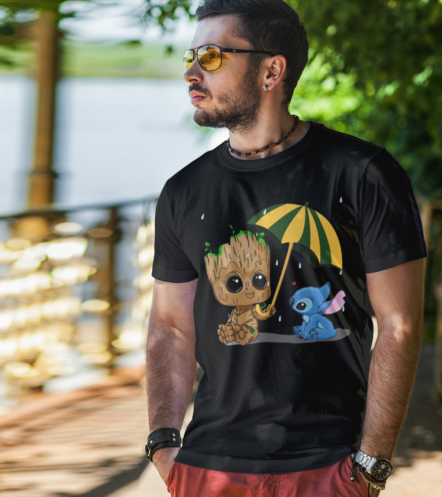 Groot And Little Stitch Friendship Under Umbrella With Raindrops And Heart T-Shirt