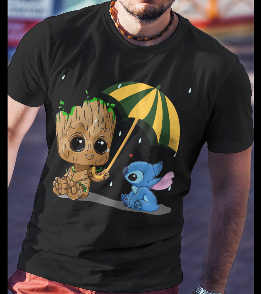 Groot And Little Stitch Friendship Under Umbrella With Raindrops And Heart T-Shirt