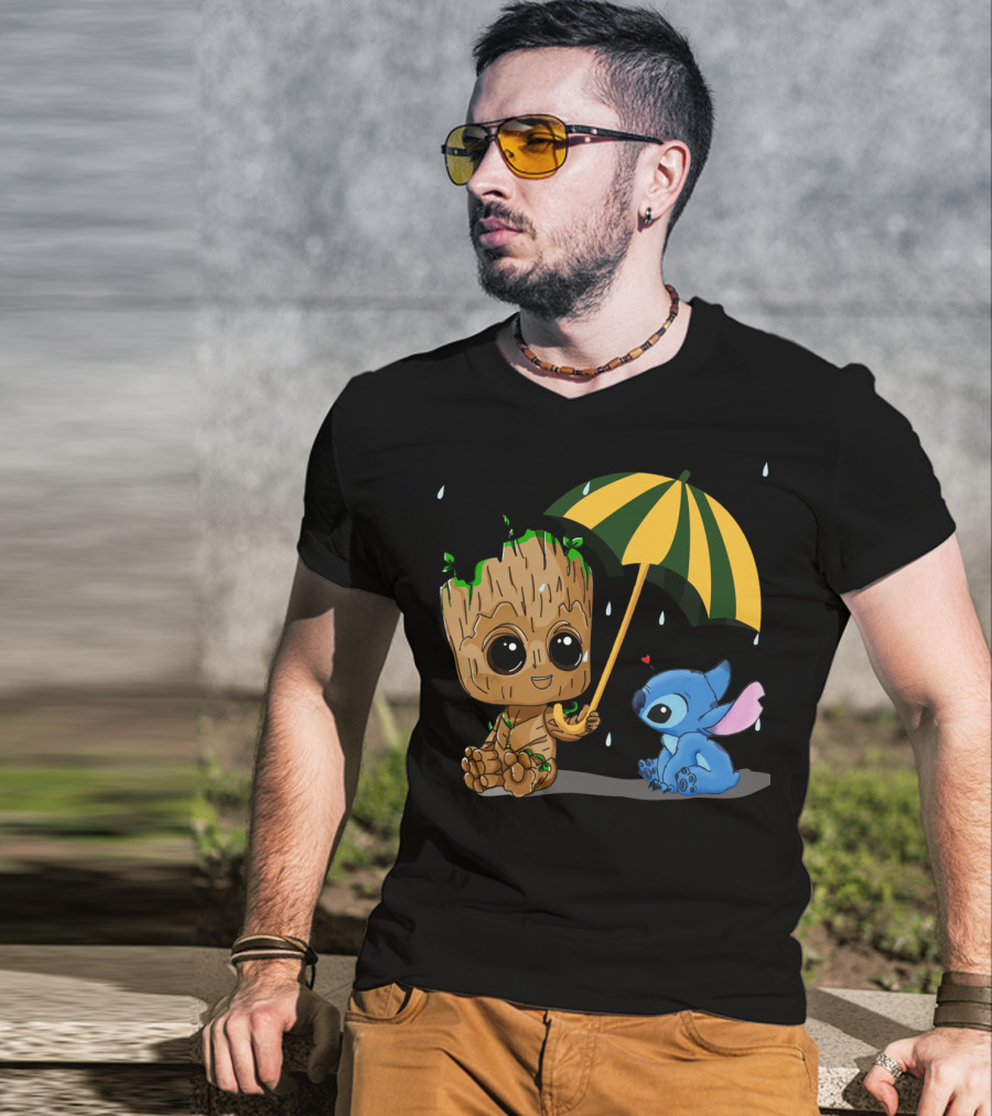 Groot And Little Stitch Friendship Under Umbrella With Raindrops And Heart T-Shirt