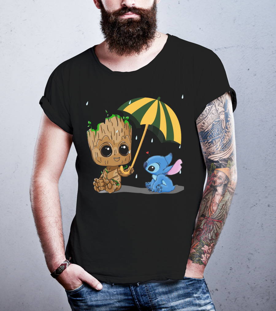 Groot And Little Stitch Friendship Under Umbrella With Raindrops And Heart T-Shirt