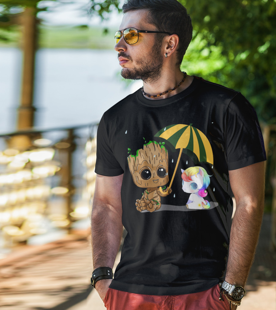 Groot Holding Umbrella Sitting With Cute Rainbow Unicorn T-Shirt