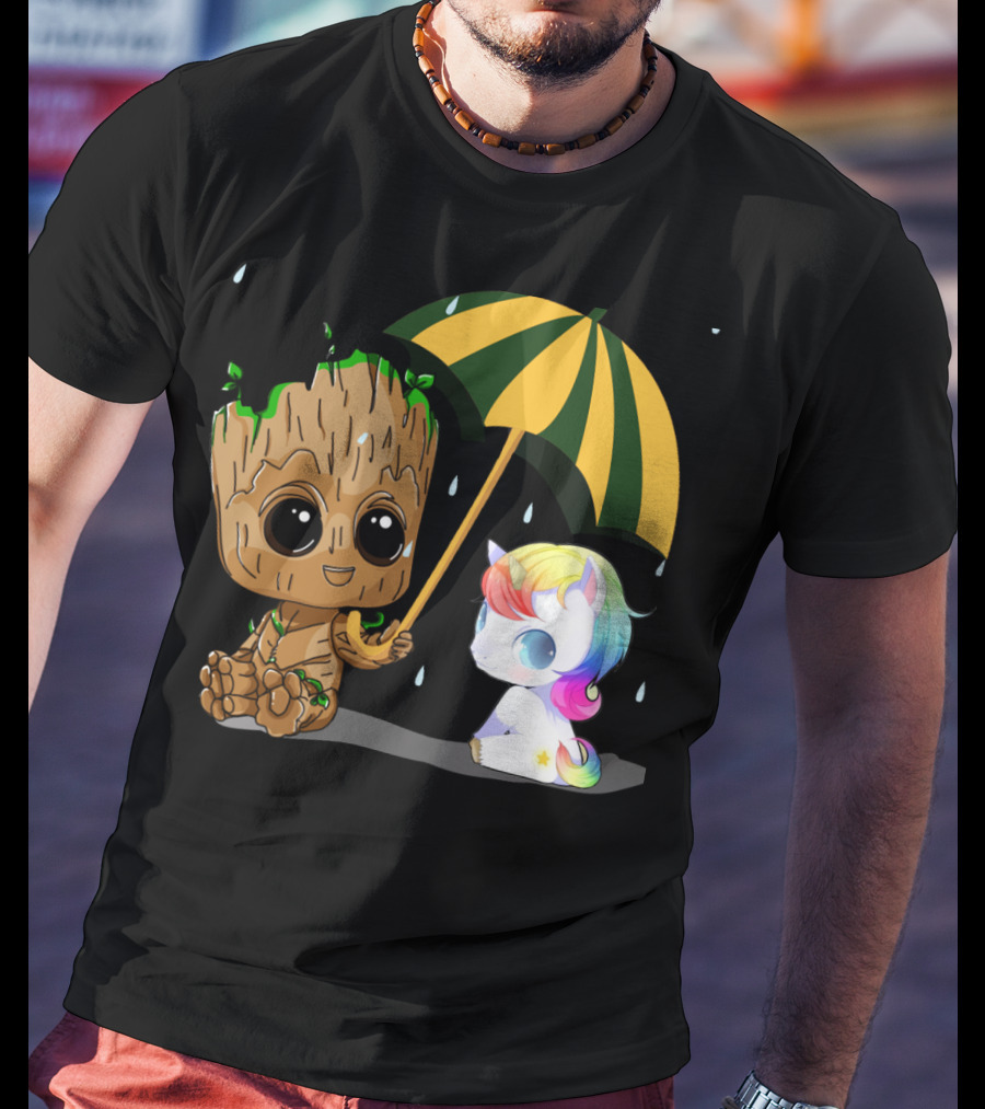 Groot Holding Umbrella Sitting With Cute Rainbow Unicorn T-Shirt