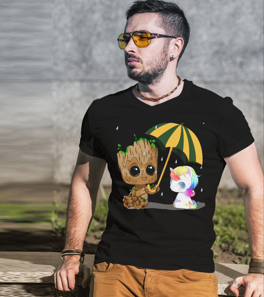 Groot Holding Umbrella Sitting With Cute Rainbow Unicorn T-Shirt