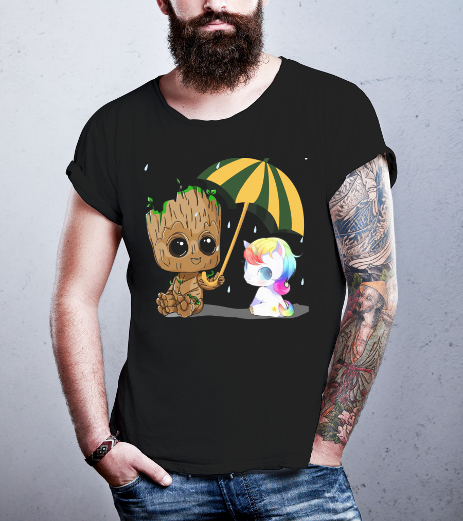 Groot Holding Umbrella Sitting With Cute Rainbow Unicorn T-Shirt