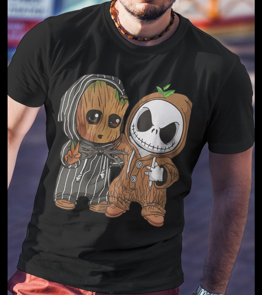 Groot In Striped Hoodie And Jack Skellington In Wood-Patterned Suit T-Shirt