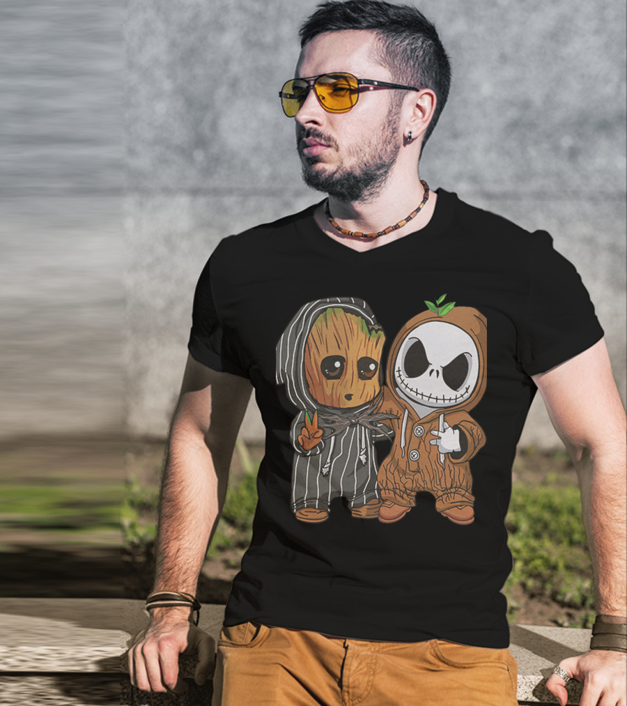 Groot In Striped Hoodie And Jack Skellington In Wood-Patterned Suit T-Shirt