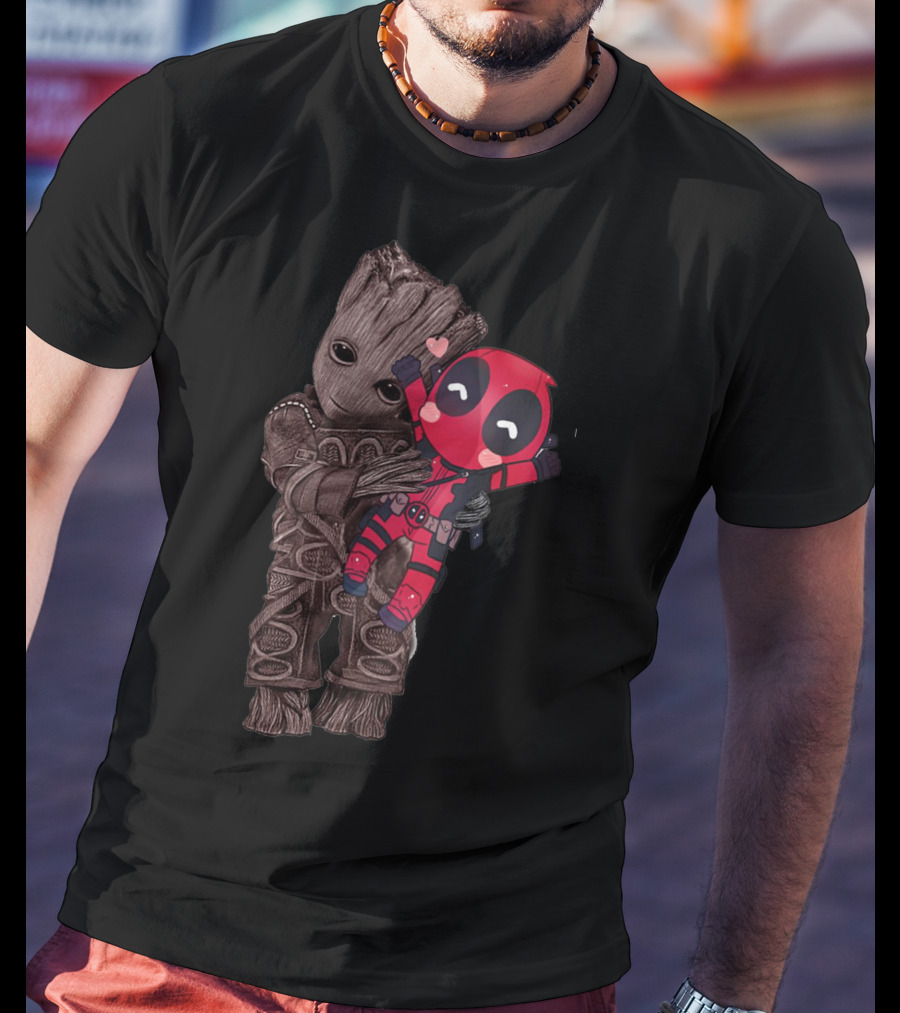 Groot Hugging Chibi Deadpool With Hearts T-Shirt