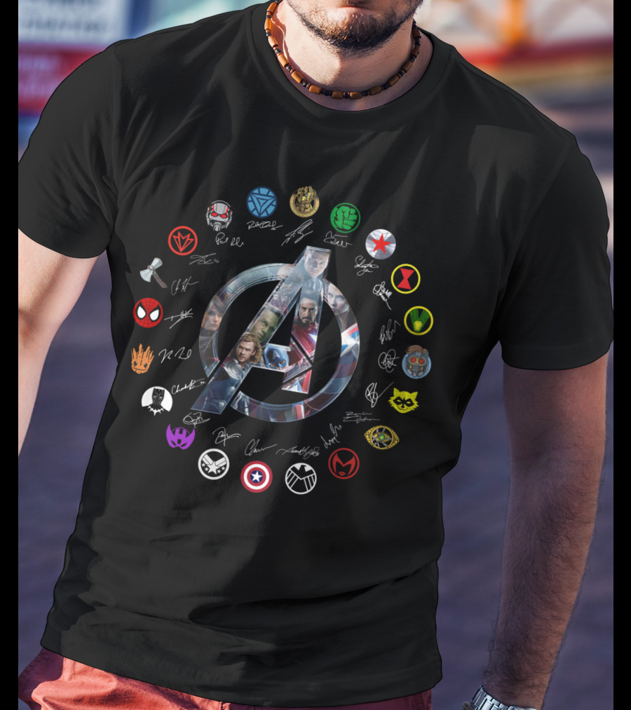 Avengers Endgame Icon With Character Portraits And Signatures Featuring Hero Symbols T-Shirt