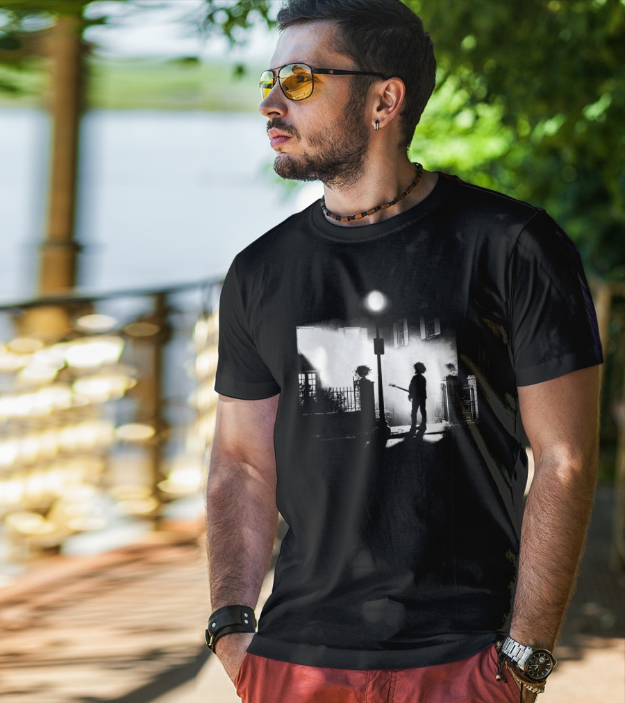 Curexorcist Gothic Silhouette Under Streetlight With Guitar In Black And White Urban Scene T-Shirt