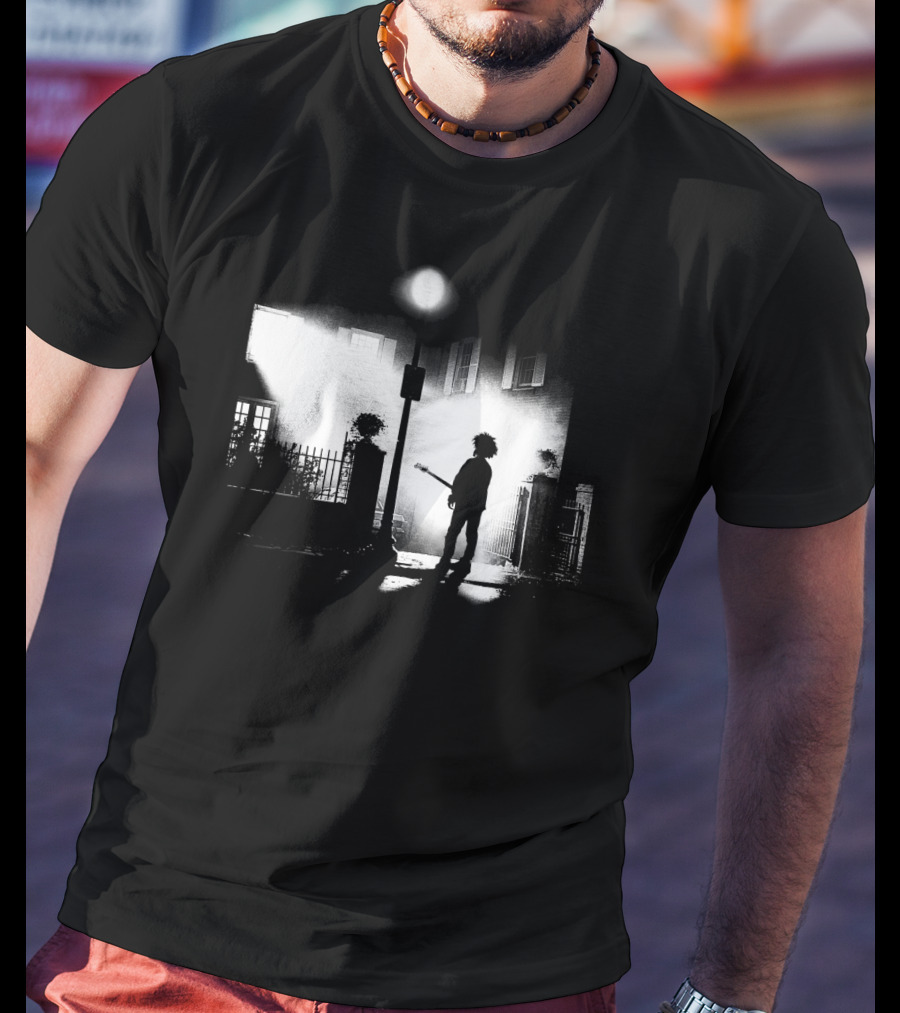 Curexorcist Gothic Silhouette Under Streetlight With Guitar In Black And White Urban Scene T-Shirt