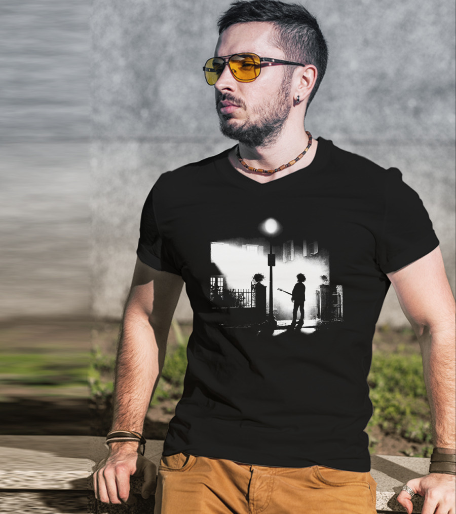 Curexorcist Gothic Silhouette Under Streetlight With Guitar In Black And White Urban Scene T-Shirt