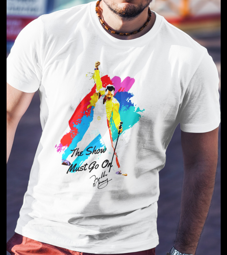Queen The Show Must Go On Signature Artwork Colorful Freddie Mercury Image T-Shirt