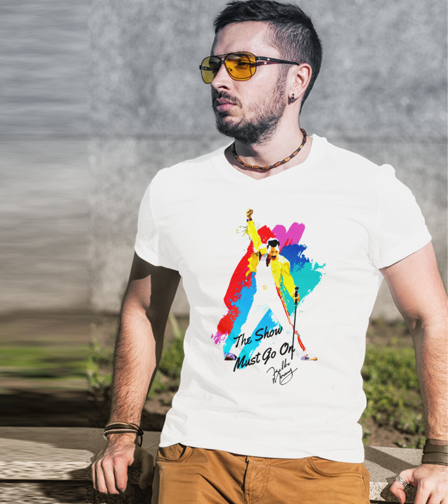 Queen The Show Must Go On Signature Artwork Colorful Freddie Mercury Image T-Shirt