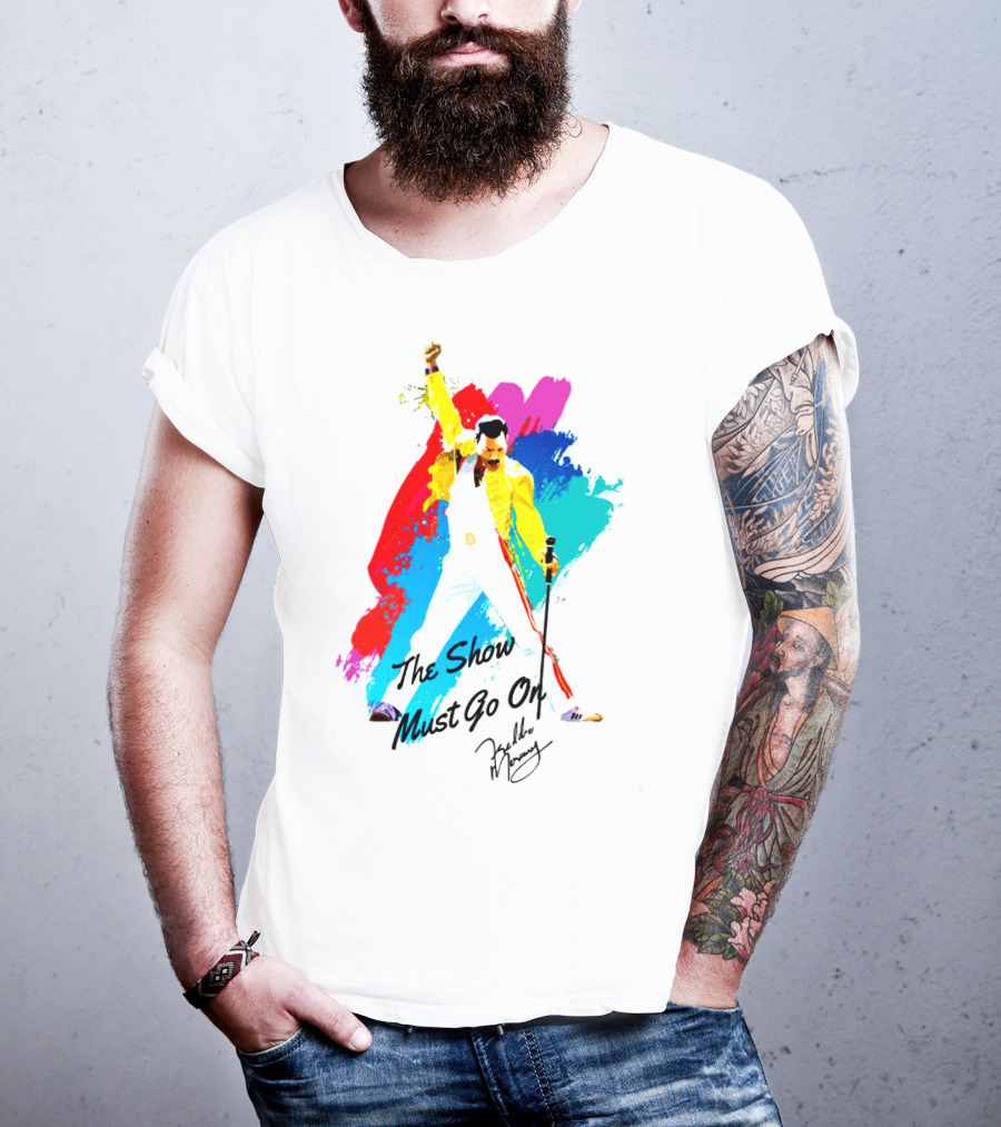 Queen The Show Must Go On Signature Artwork Colorful Freddie Mercury Image T-Shirt
