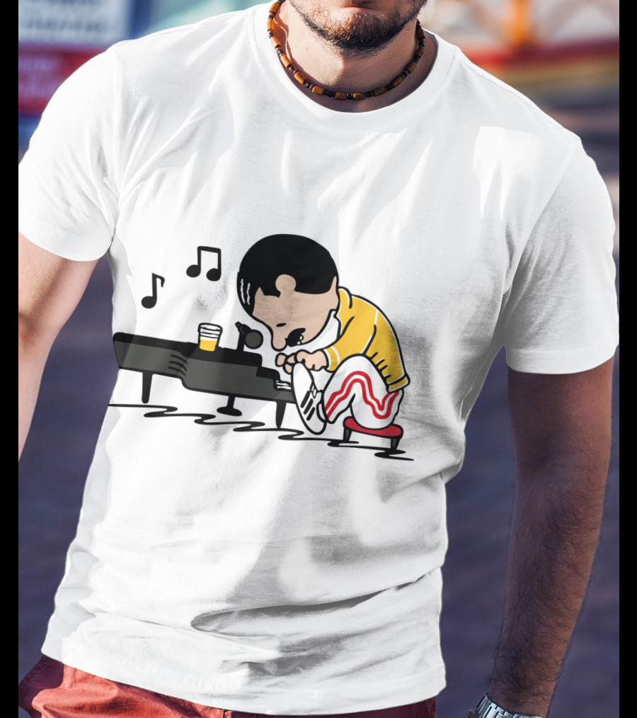 Freddie Mercury Cartoon At Piano With Music Notes And Beer Glass T-Shirt