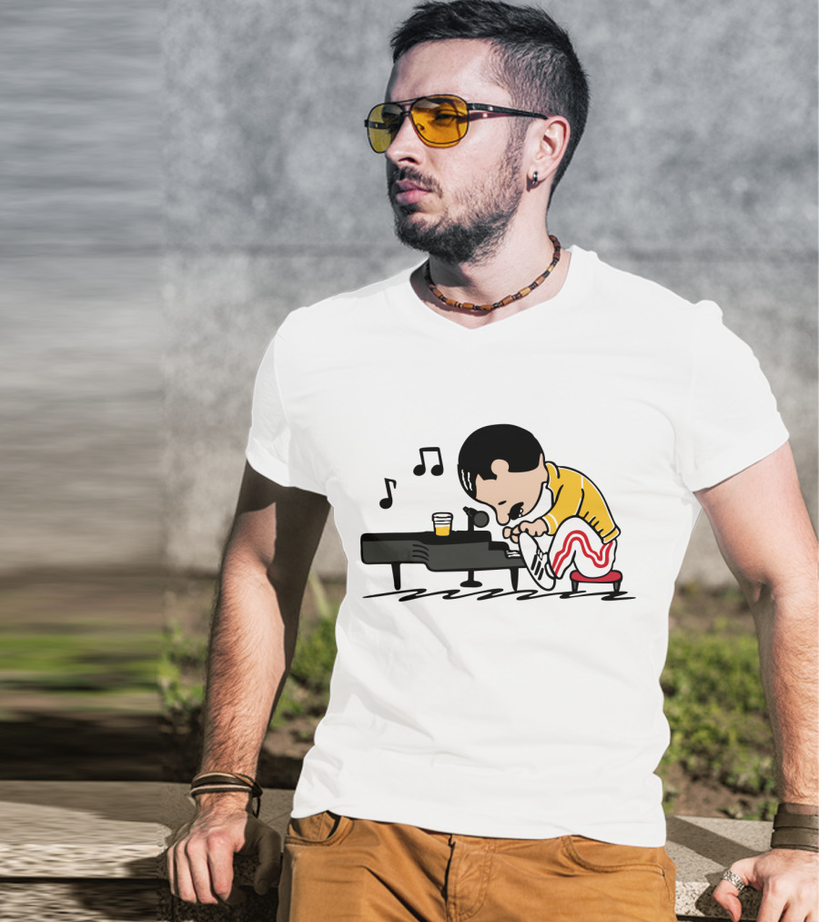 Freddie Mercury Cartoon At Piano With Music Notes And Beer Glass T-Shirt