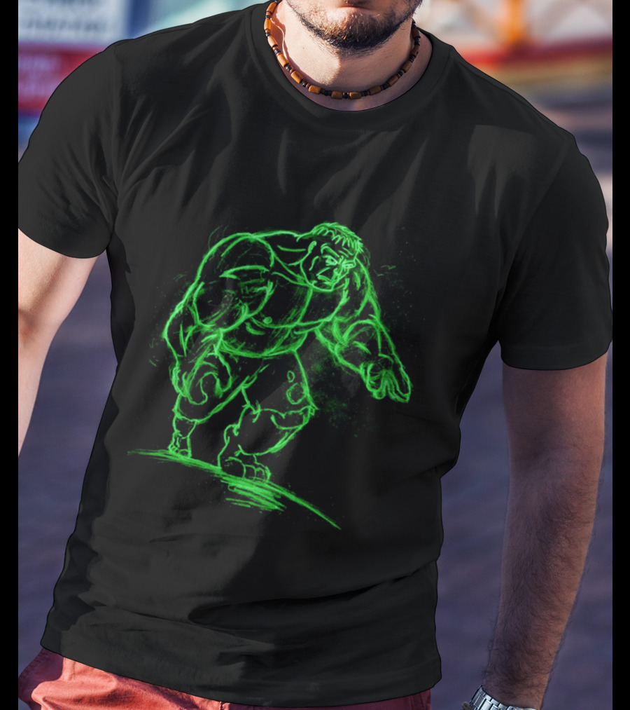 Green Neon Sketch Of Hulk In Dynamic Stance T-Shirt
