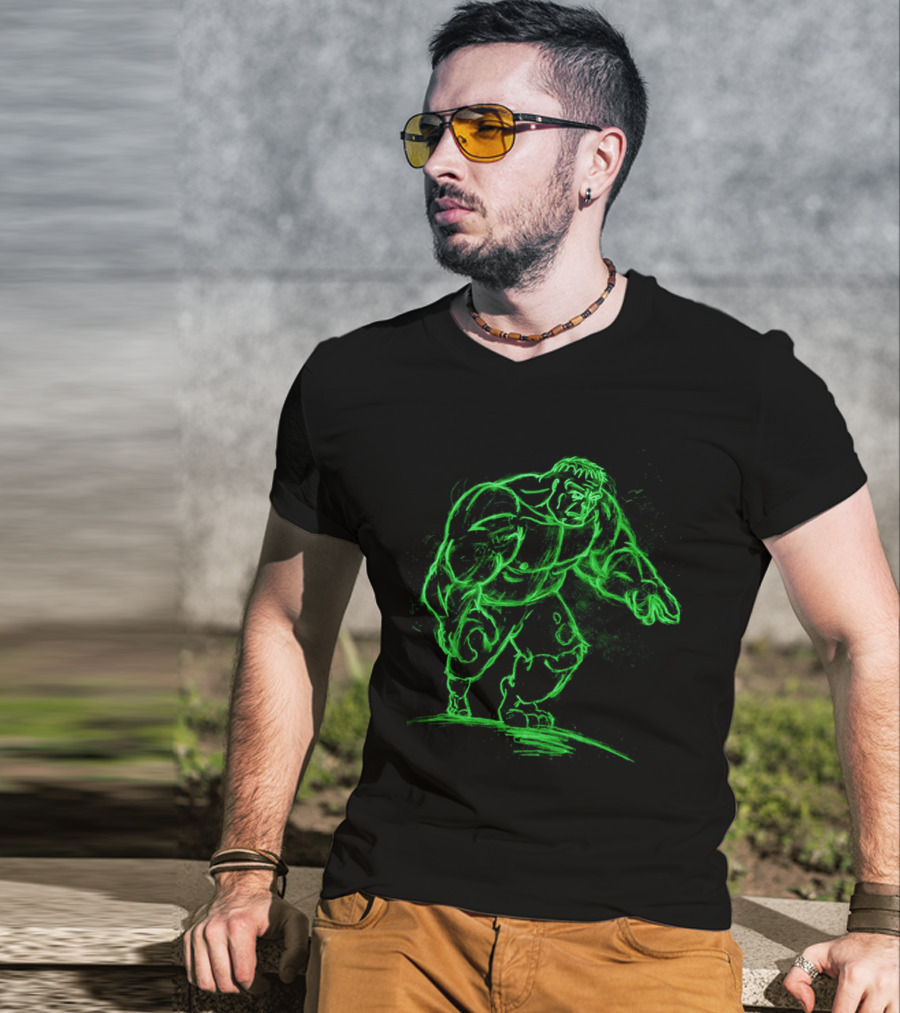 Green Neon Sketch Of Hulk In Dynamic Stance T-Shirt