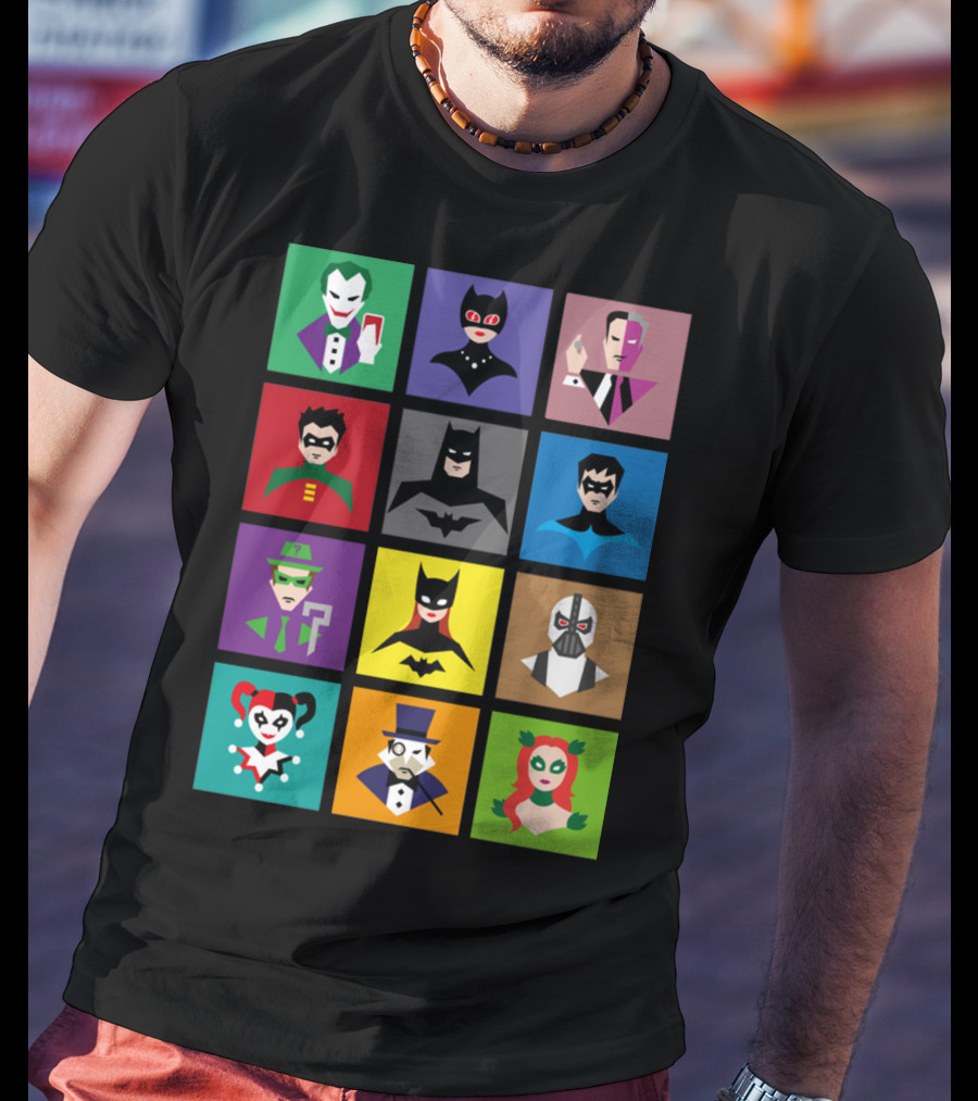 Batman Animated Villains Heroes Joker Catwoman Two-Face Robin Nightwing Riddler Batgirl Bane Harley Quinn Penguin Poison Ivy T-Shirt