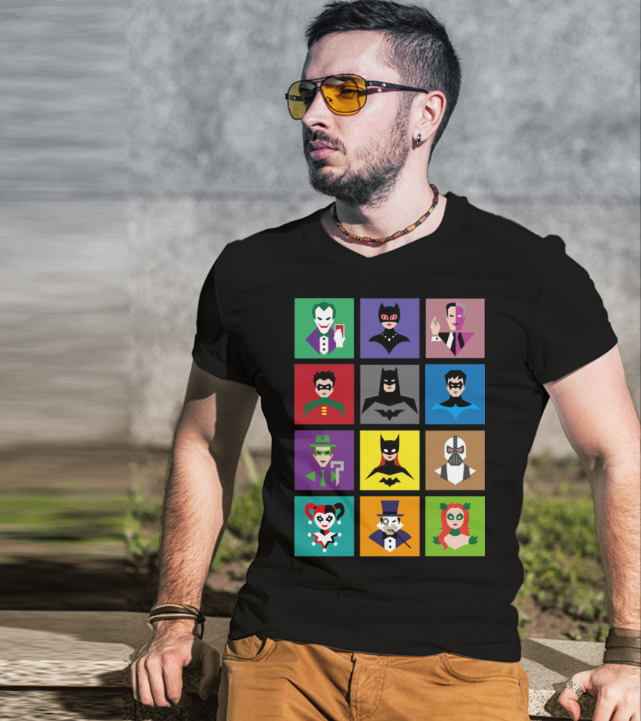 Batman Animated Villains Heroes Joker Catwoman Two-Face Robin Nightwing Riddler Batgirl Bane Harley Quinn Penguin Poison Ivy T-Shirt
