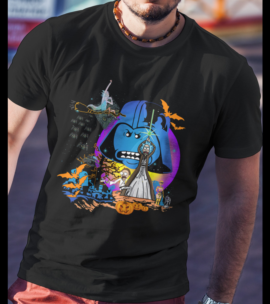 RICK MORTY Star Wars Darth Vader Halloween Crossover With Lightsabers And Pumpkins T-Shirt